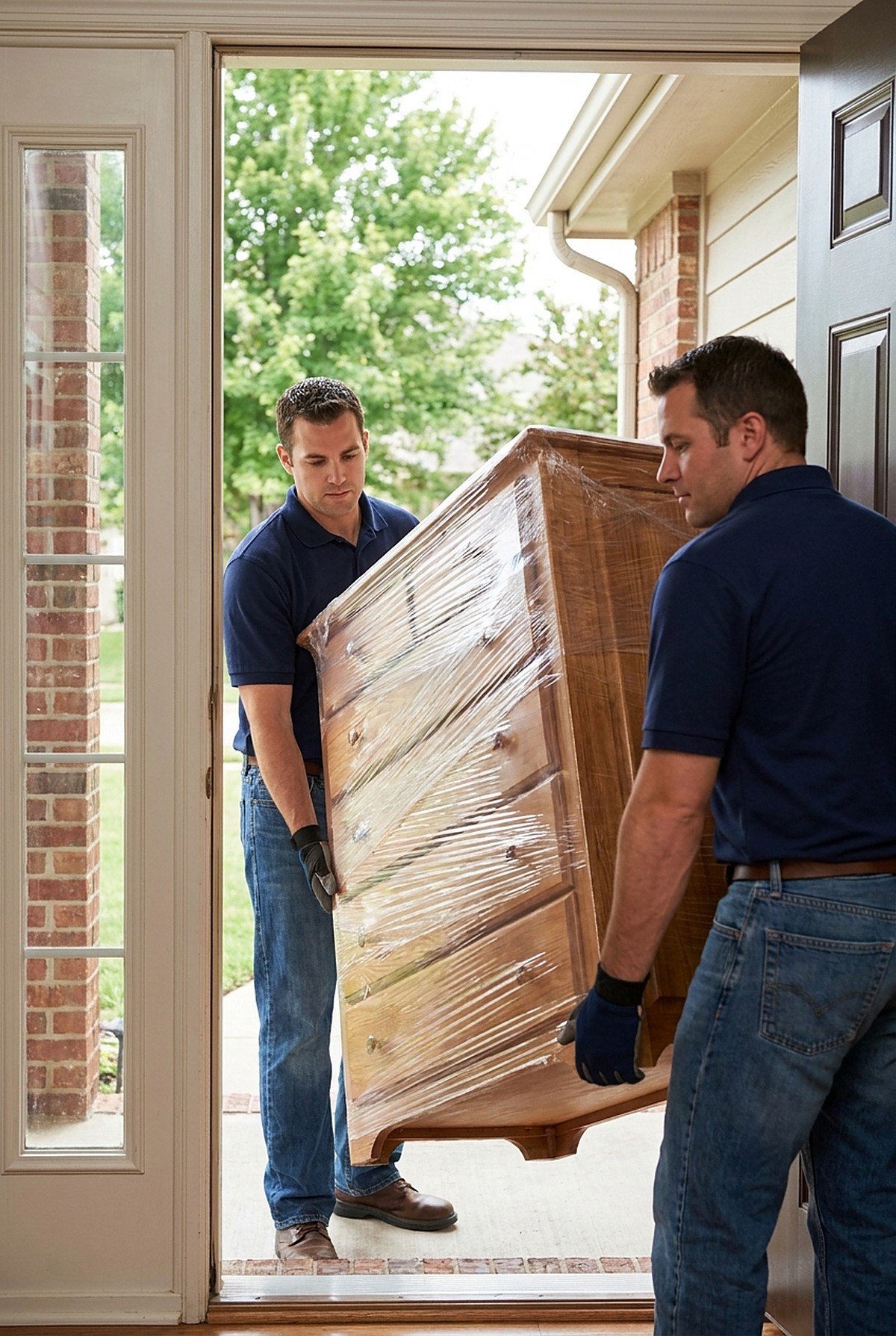 A G & G Moving crew carrying a wrapped dresser through a front doorway